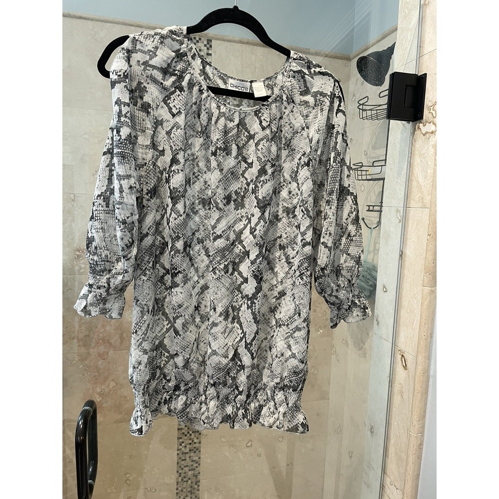 Chicos 2 L Snake Print Sheer Top Peplum Hem Cold Shoulder Blouse Gray White